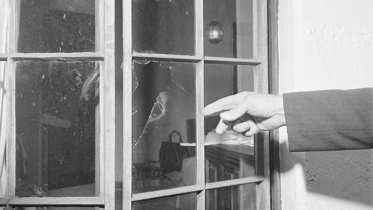 The bedroom window of actress Marilyn Monroe with visible damage.