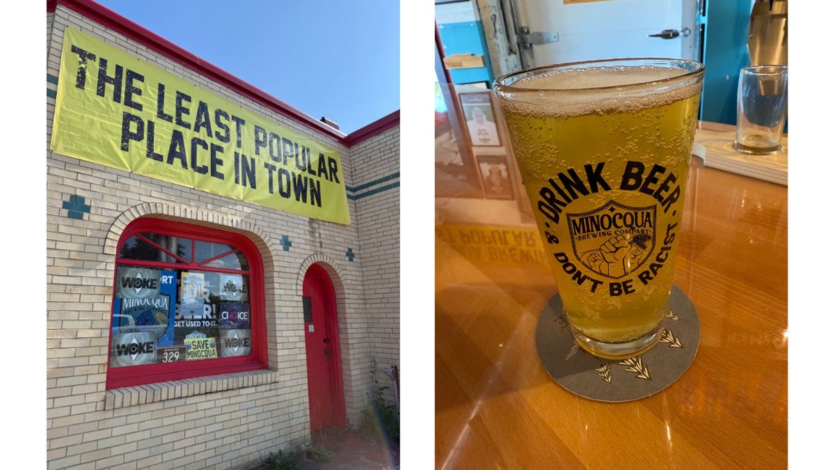 exterior of brewery is shown next to a pint of beer saying