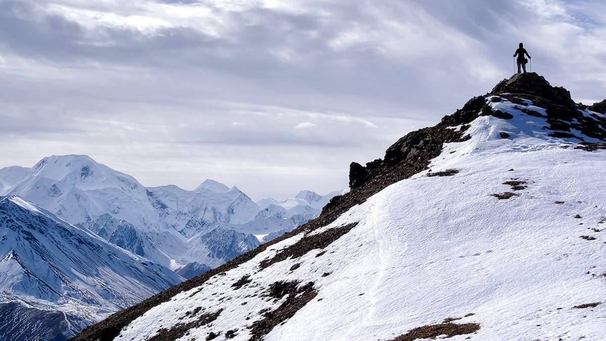 Climber standing on top of a mountain overlooking Mt. McKinley across the valley