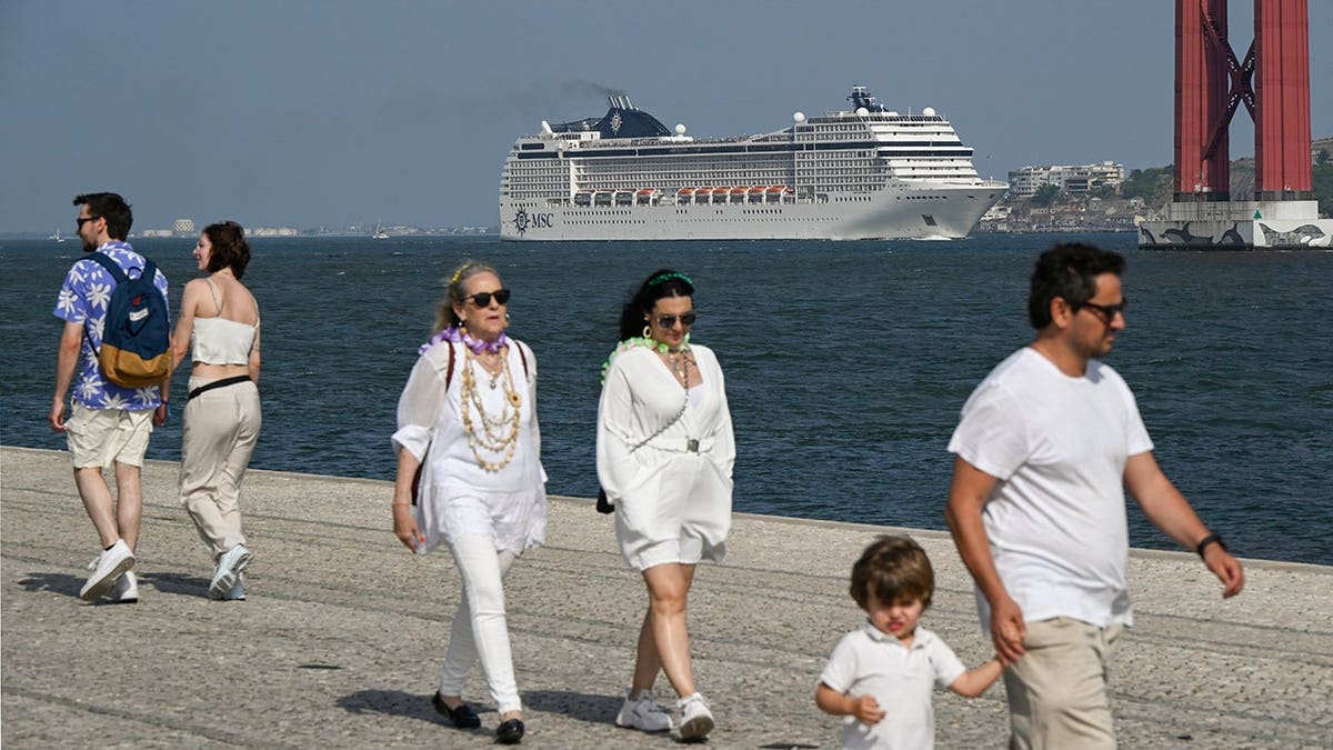 MSC Musica cruise ship sailing on the Tagus River in Lisbon Portugal