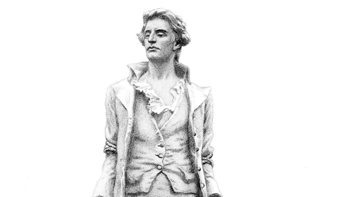 Retrato de Nathan Hale de pie, vestido con ropa del siglo XVIII.