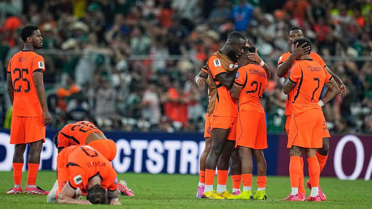 Netherlands players reacting on the field during a World Cup match in Guadalupe near Monterrey Mexico