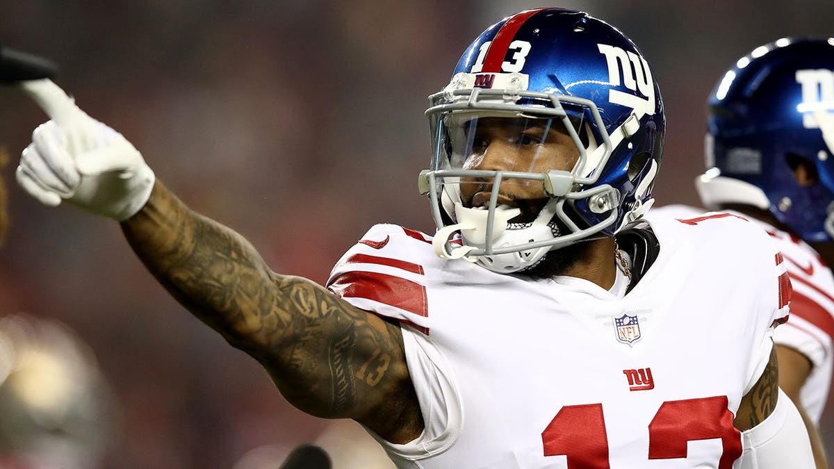 Odell Beckham Jr. celebrating after scoring a touchdown during an NFL game at Levi's Stadium