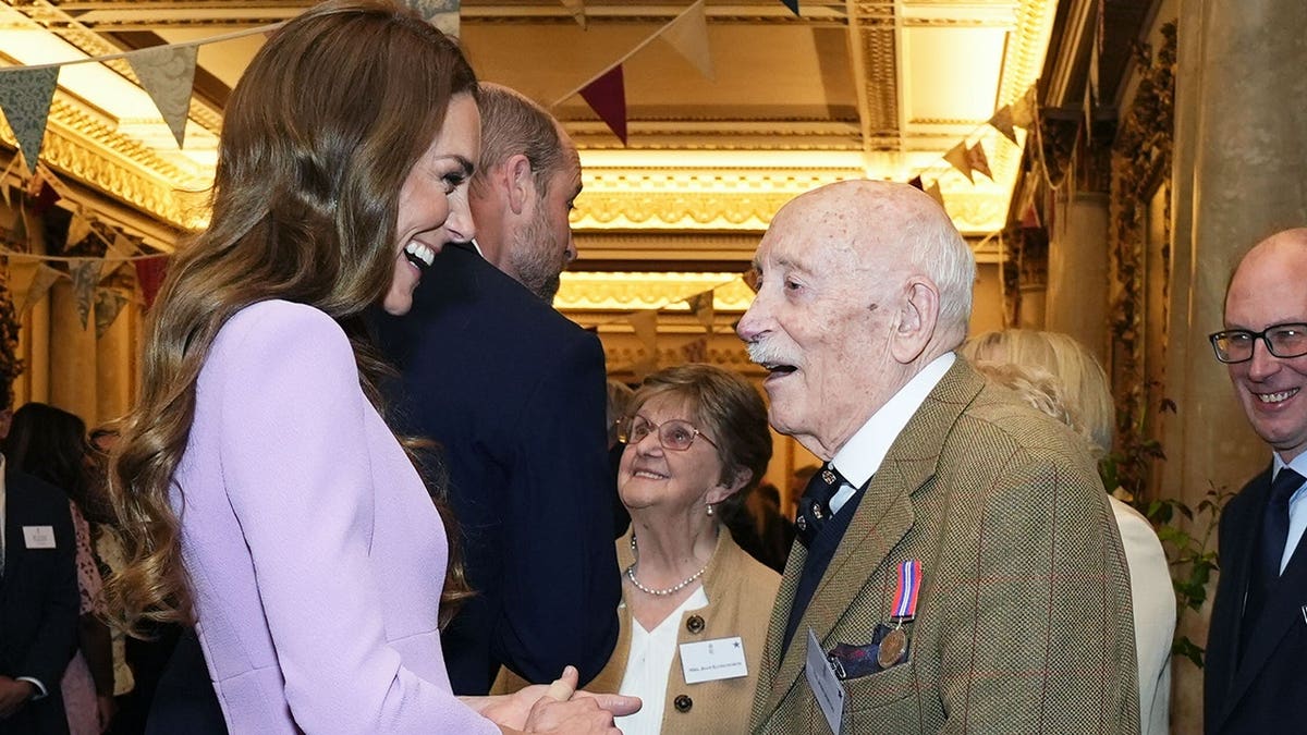 Catherine Princess of Wales speaking with John Jervois at Buckingham Palace reception