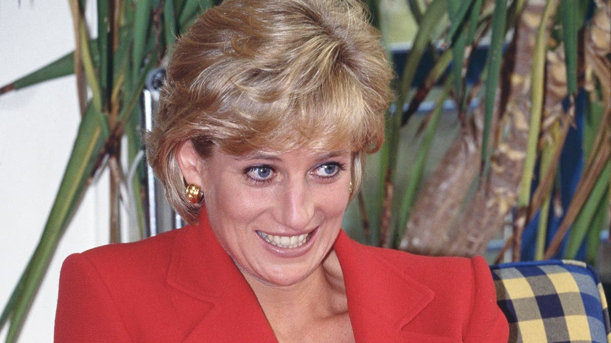 Princess Diana wearing a red suit standing at London Lighthouse center