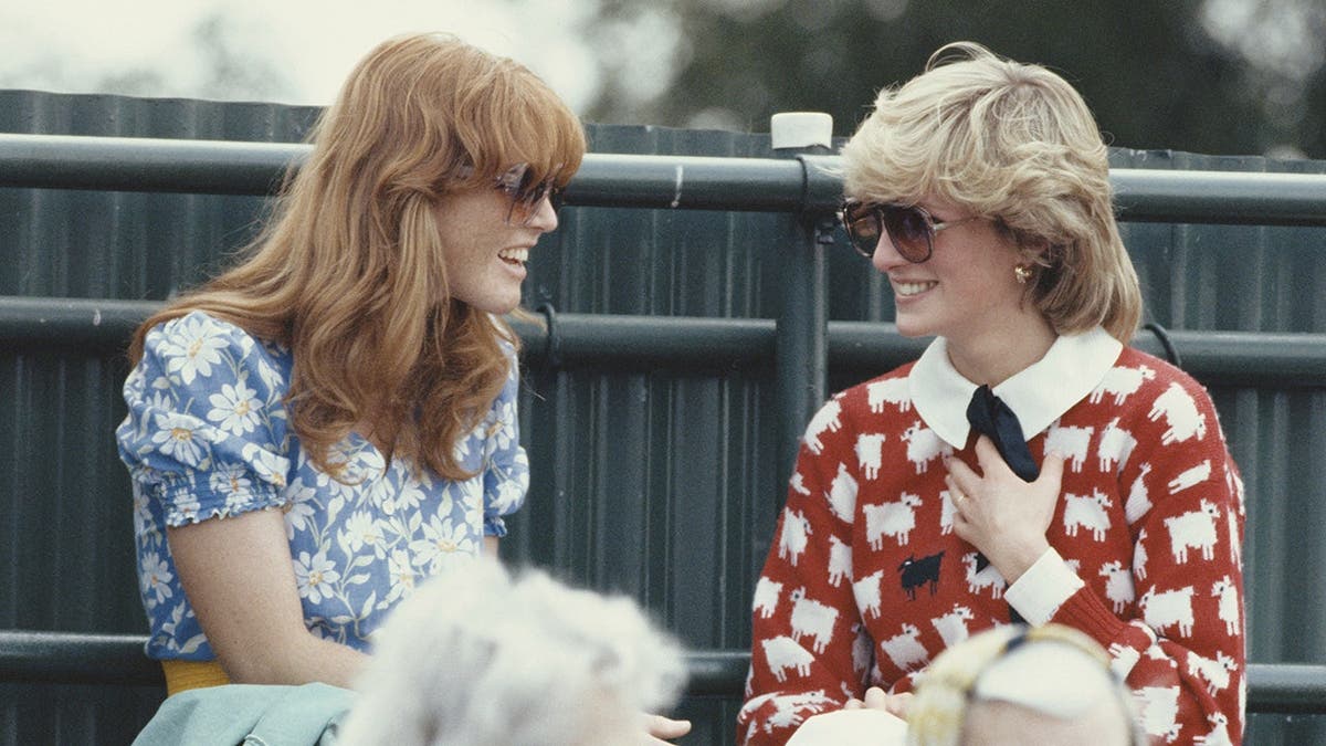 Princess Diana and Sarah Ferguson standing together at the Guard's Polo Club in Windsor