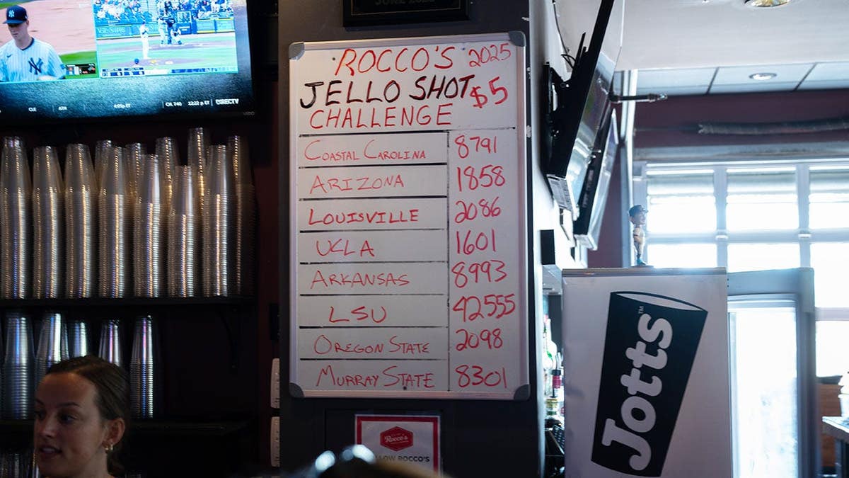 Scoreboard displaying Rocco's Jello Shot Challenge at Charles Schwab Field in Omaha, Neb.