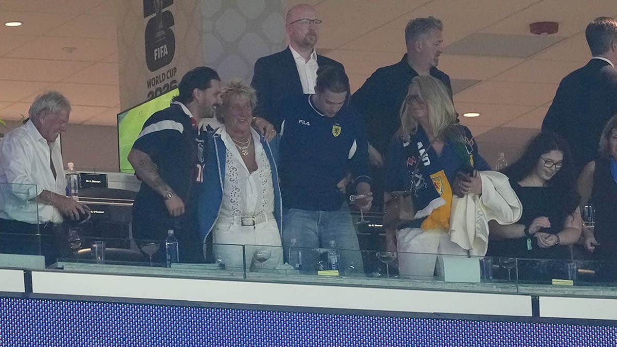 Sir Rod Stewart celebrating in the stands at Boston Stadium in Foxborough