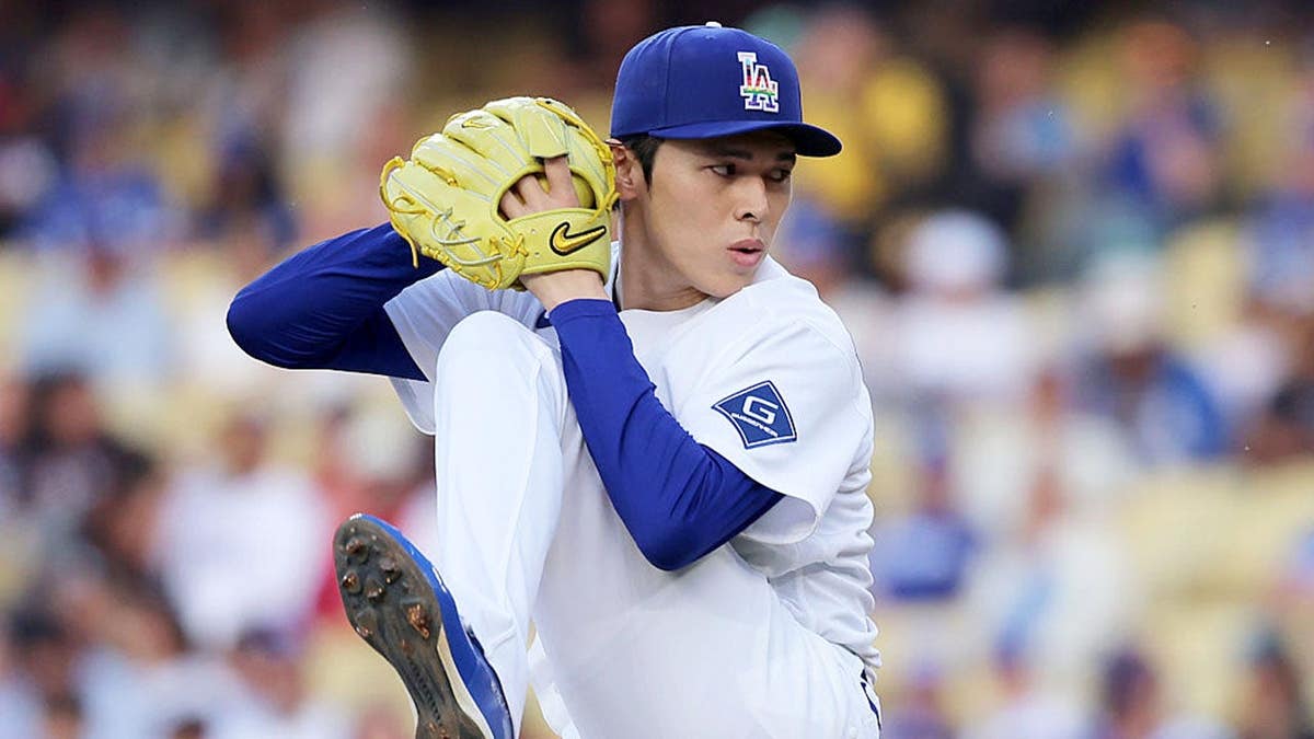 Roki Sasaki pitching for the Los Angeles Dodgers at Dodger Stadium