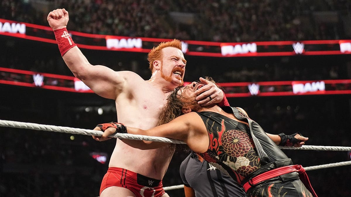 Sheamus wrestling Shinsuke Nakamura in a WWE match at TD Garden in Boston