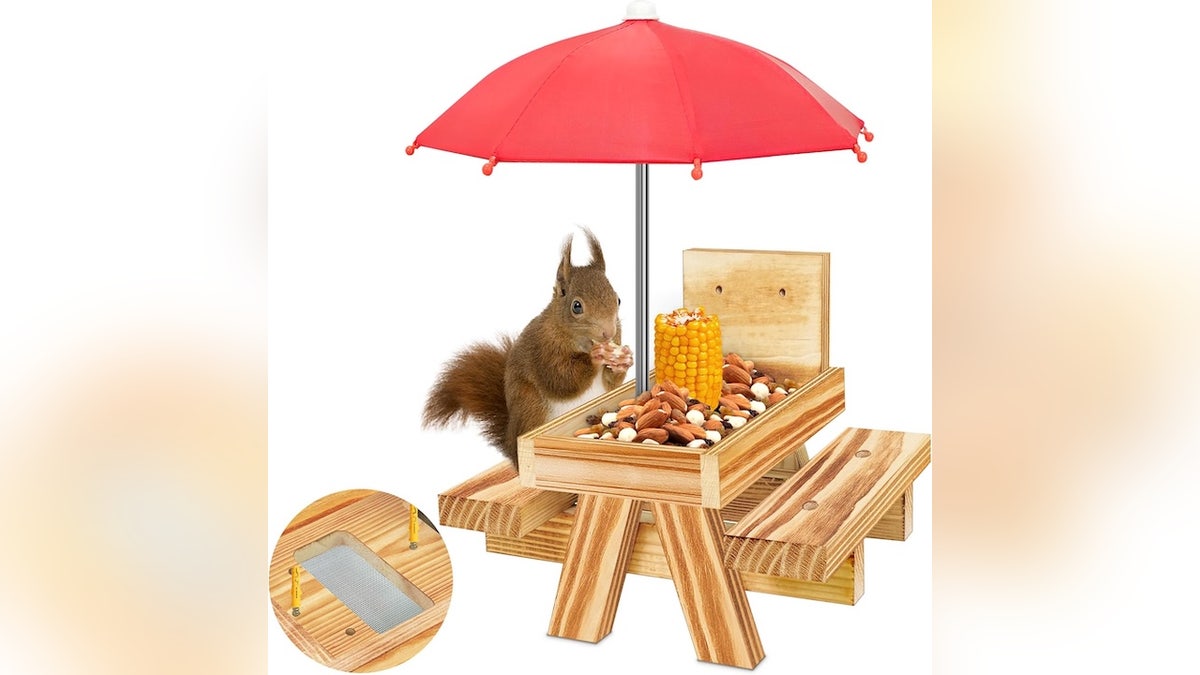 The bright red umbrella provides shade for hungry visitors as they stop by for a snack.