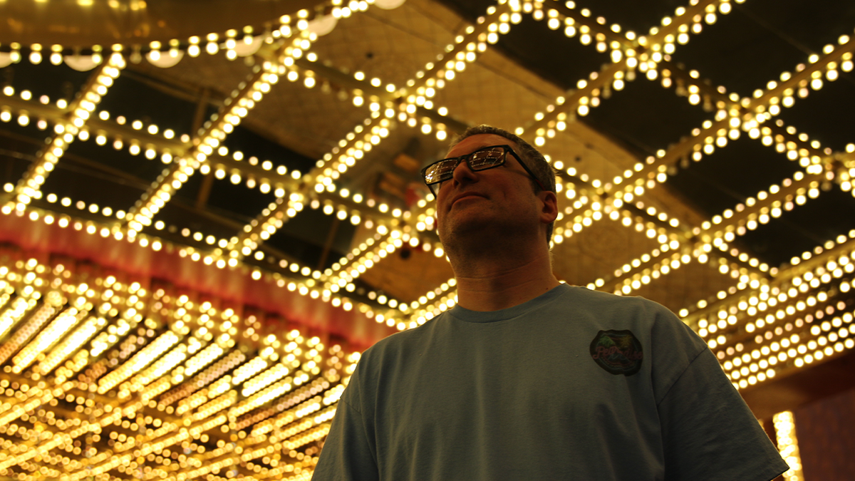 Pearadise founder Stefan Wilhelmy stands beneath the Fremont Street Experience in Las Vegas