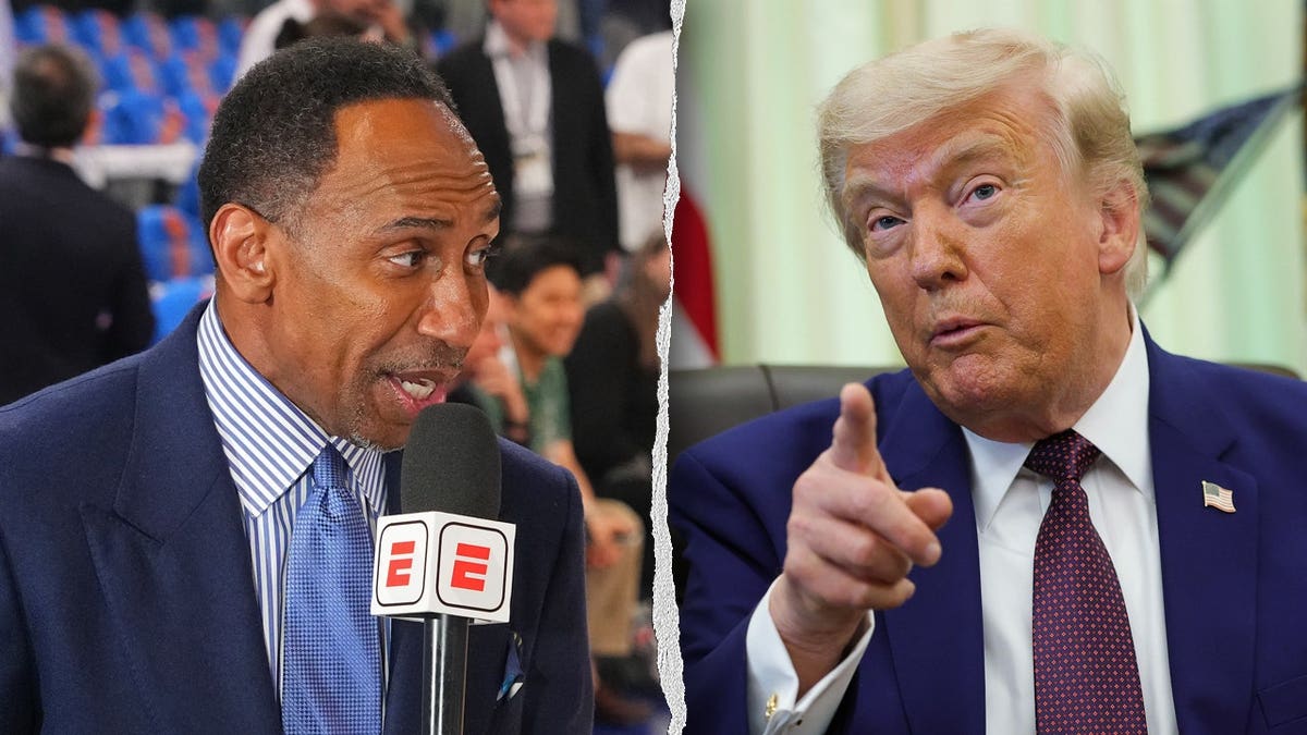 Stephen A. Smith speaks into an ESPN microphone beside a photo of President Donald Trump pointing.