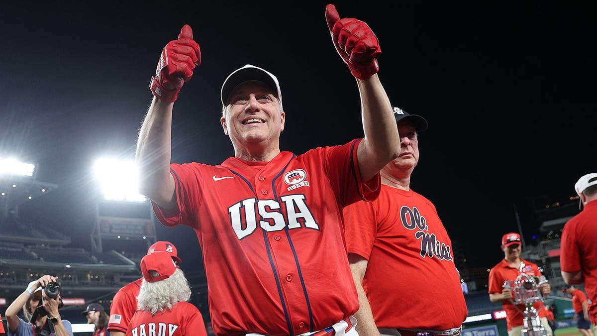 U.S. House Majority Leader Steve Scalise celebrating at Nationals Park in Washington, D.C.