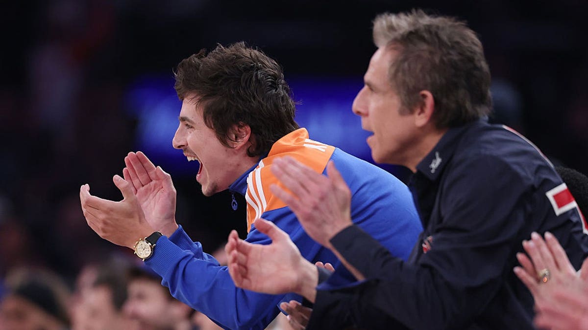 Actor Timothée Chalamet and actor Ben Stiller attending NBA playoffs game at Madison Square Garden