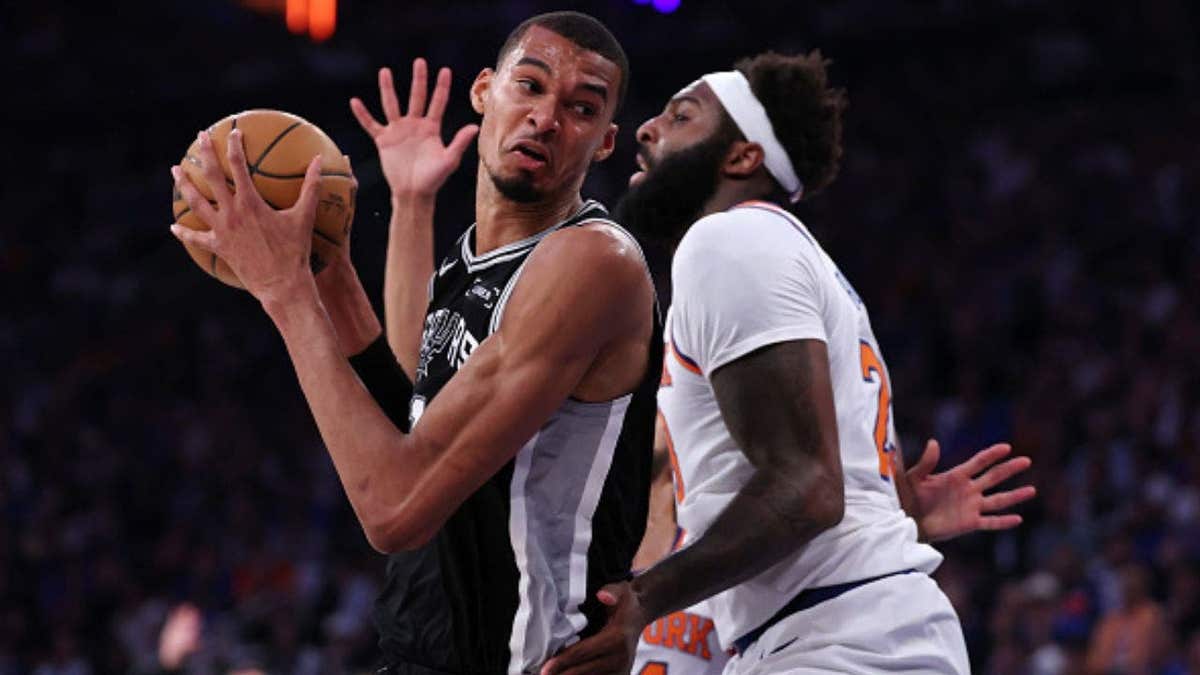 Victor Wembanyama provoked Mitchell Robinson during Game 4 of the 2026 NBA Finals. (Photo by Al Bello/Getty Images)