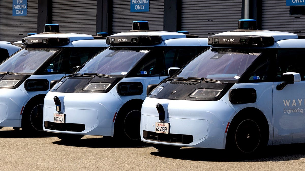 Waymo Ojai robotaxis are lined up in a parking lot.