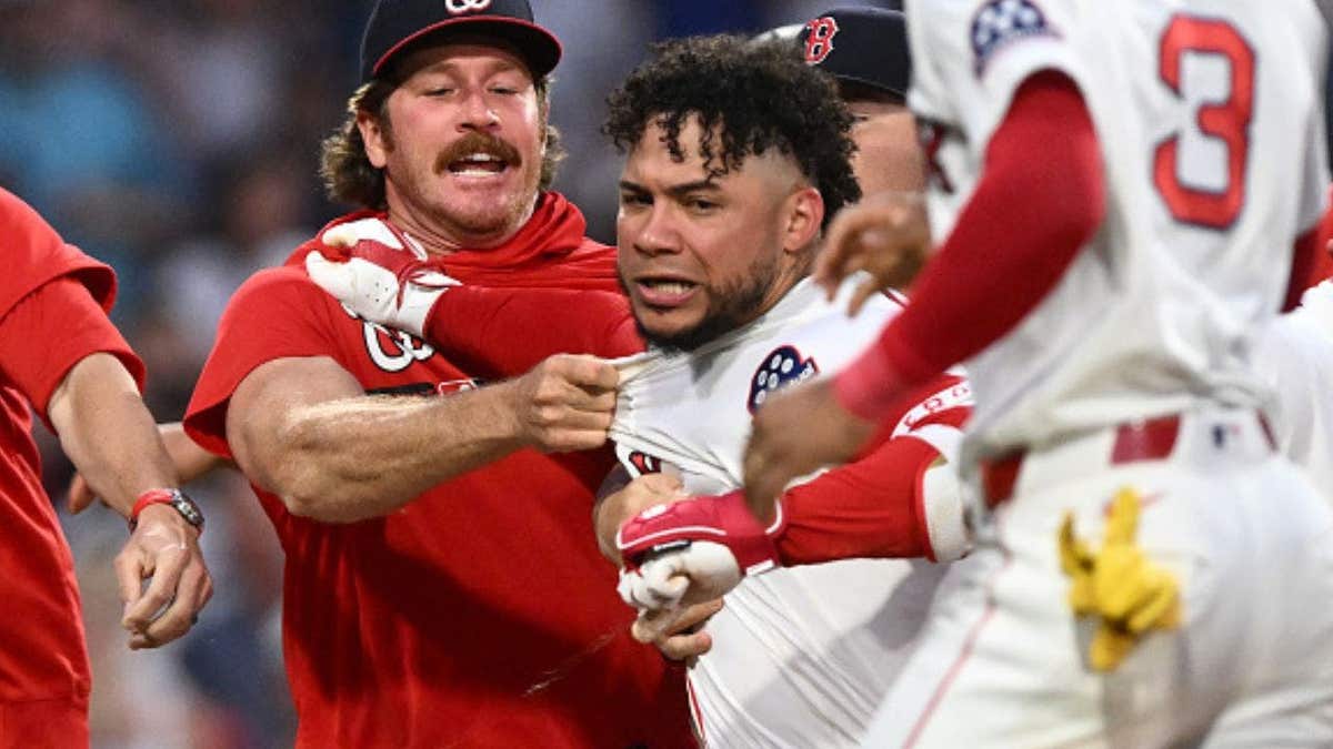 Willson Contreras reacts during a benches-clearing altercation against the Nationals at Fenway Park in Boston. (Photo by Maddie Malhotra/Boston Red Sox/Getty Images)