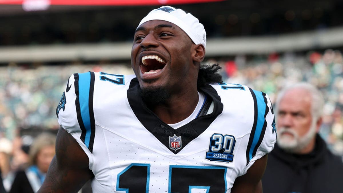 Xavier Legette of the Carolina Panthers reacting on the field at Lincoln Financial Field.