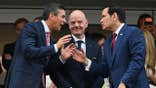 Paraguayan President Santiago Pena, FIFA president Gianni Infantino, and US Secretary of State Marco Rubio in stands at 2026 World Cup match
