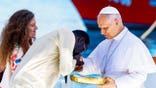 Pope Leo XIV on the day of a meeting with organizations working with migrants at the Port of Arguineguin, during his apostolic journey on the island of Gran Canaria, Spain.