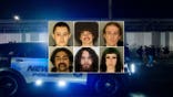 Six mugshots are shown over an illuminated cop car in the background.