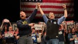 Democratic Senate candidate Graham Platner and gubernatorial candidate Troy Jackson standing together at University of Maine campus