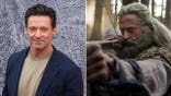 Split photo of Hugh Jackman on the red carpet and drawing a bow and arrow in a forest for "The Death of Robin Hood."