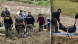 split image shows deputies surrounding an excavation area on left, and more investigators holding a tarp on the right