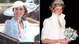 Split photo of Catherine, Princess of Wales standing during Trooping the Colour parade in London; Princess Diana wearing matching pearl bracelets.