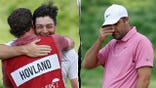 Split image of Viktor Hovland celebrating with his caddie and Scottie Scheffler reacting after a missed playoff putt.