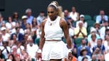 Serena Williams looking on during a tennis match against Maya Joint at Wimbledon.