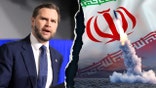 JD Vance next to an image of a missile and the Iranian flag