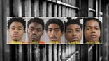 Five mugshots against a jailbars background