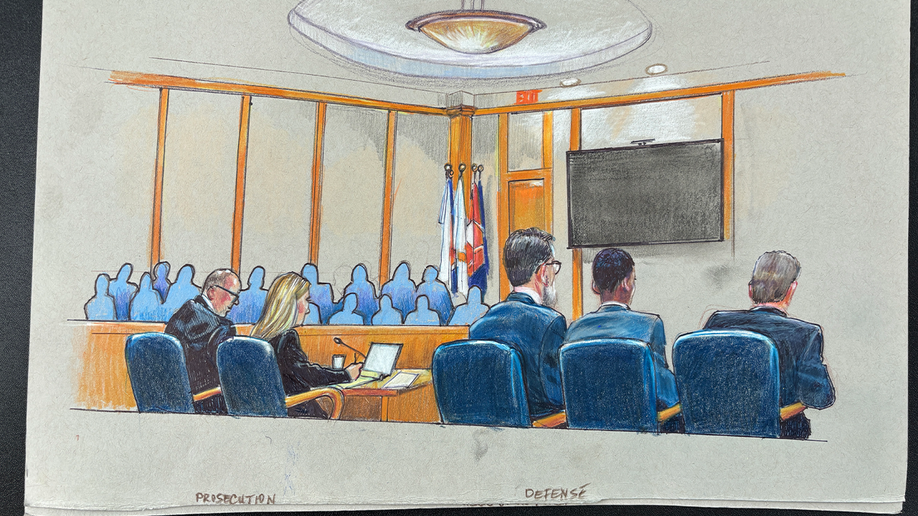 Wide courtroom sketch showing prosecutors, defense attorneys and Karmelo Anthony during trial