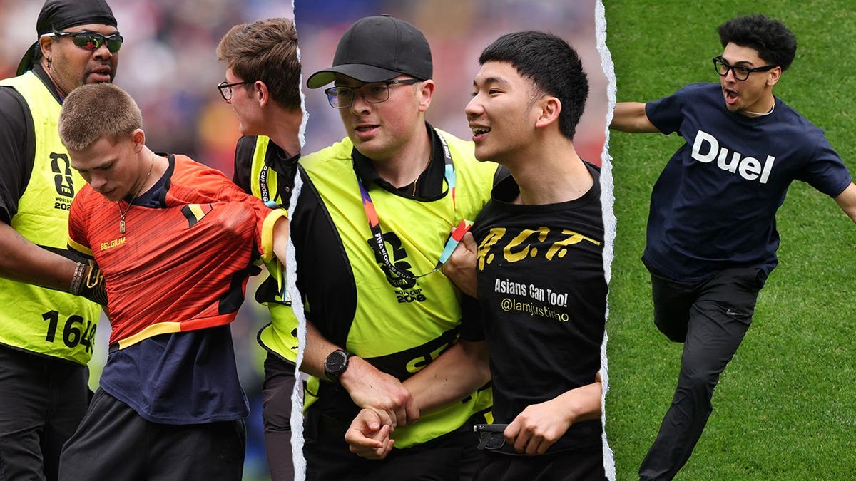 Koláž zobrazuje viacerých útočníkov, ktorých prenasleduje alebo zadržiava ochranka počas zápasu majstrovstiev sveta Belgicka proti Senegalu.