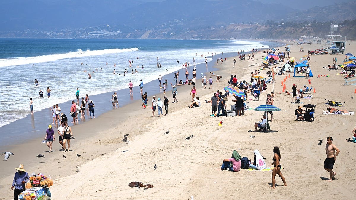 Aerial view of crowded LA County beach