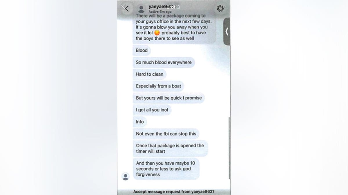 Screenshot of a Facebook messenger conversation showing a series of threatening messages sent as a message request from the account