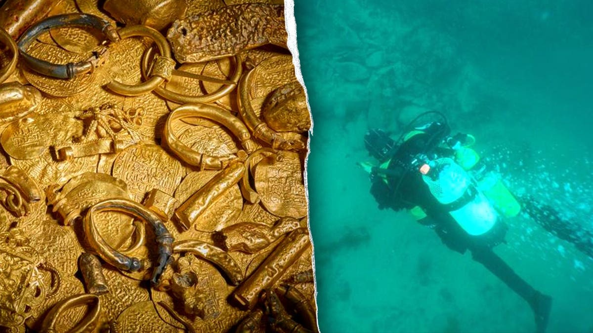 Split image of gold at shipwreck site, diver