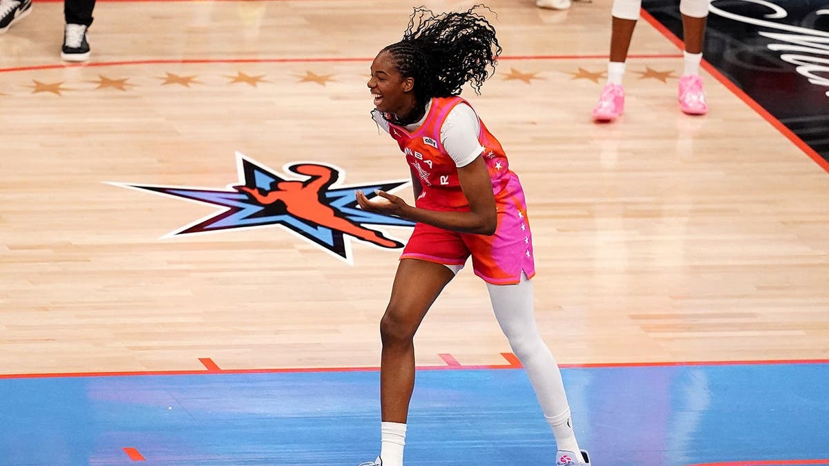 Dominique Malonga celebrates a basket during the WNBA All-Star Game.