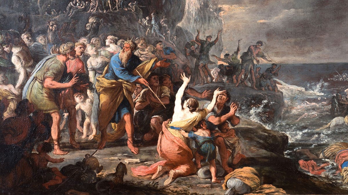 Depiction of Moses parting Red Sea during Exodus