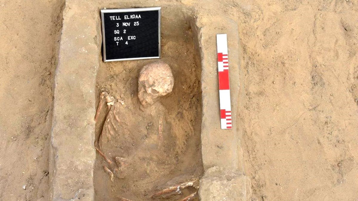 View of skeleton at tomb near sand at archaeological site