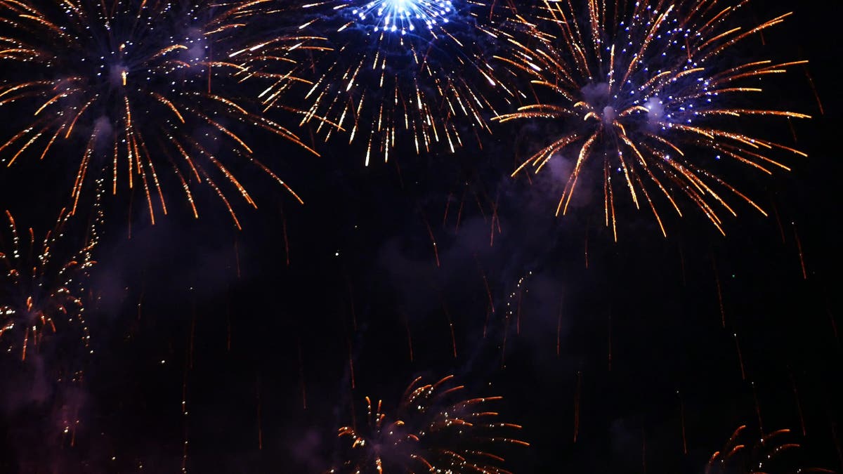 Golden Firework celebrate anniversary independence day night time celebrate national holiday. Countdown to new year 2024 party time event. Happy new year 2025, 4th of july holiday festival concept