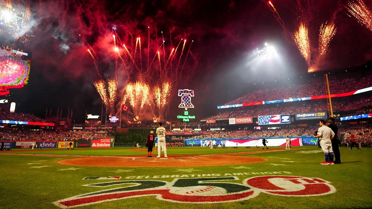 Fireworks light the sky above Citizens Bank Park in Philadelphia.