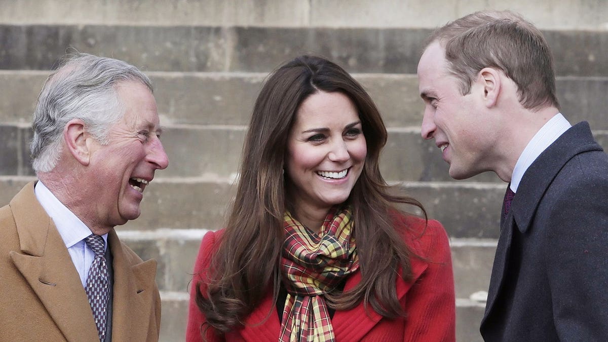 Prince Charles, Duke of Rothesay, Catherine, Countess of Strathearn, and Prince William, Earl of Strathearn share a joke at Dumfries House.
