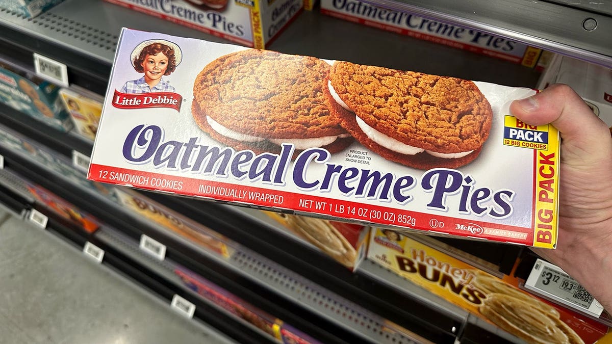 A box of Little Debbie Oatmeal Creme Pies.