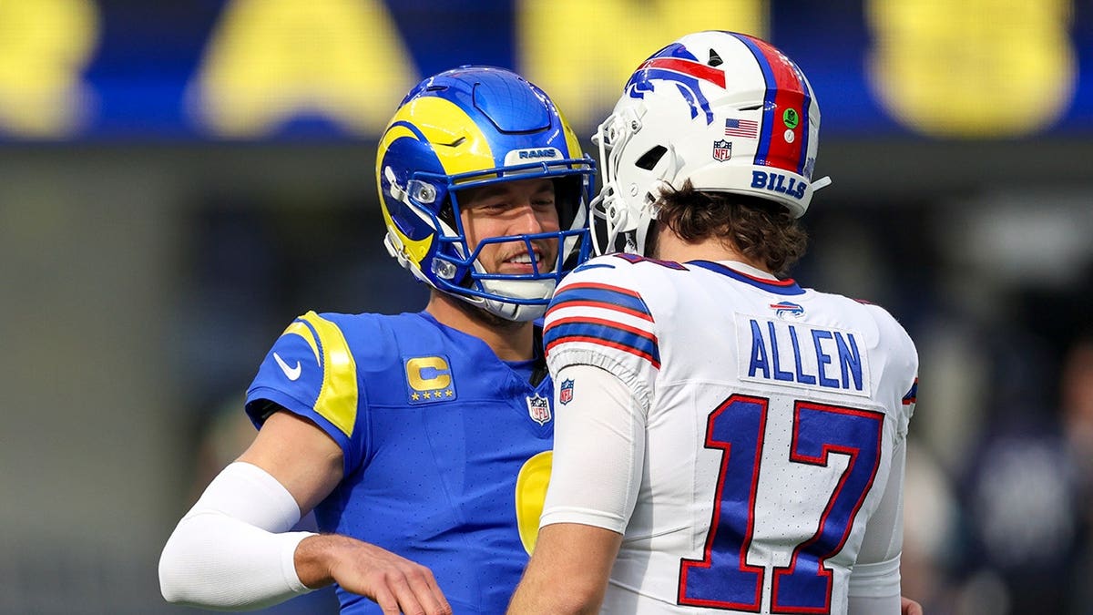 Matthew Stafford and Josh Allen talk before a game
