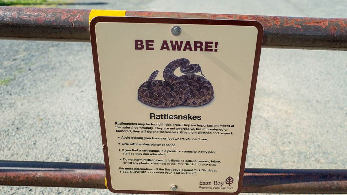 A Rattlesnake warning sign has been posted in a California state park