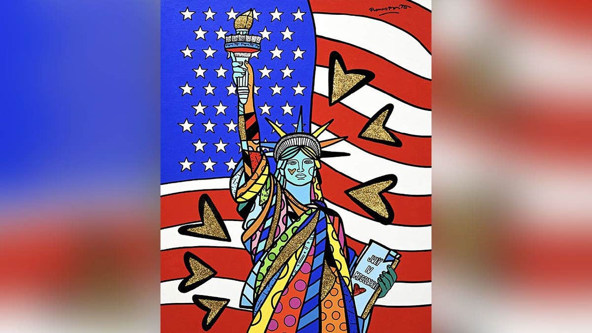 Colorful Romero Britto Statue of Liberty painting titled