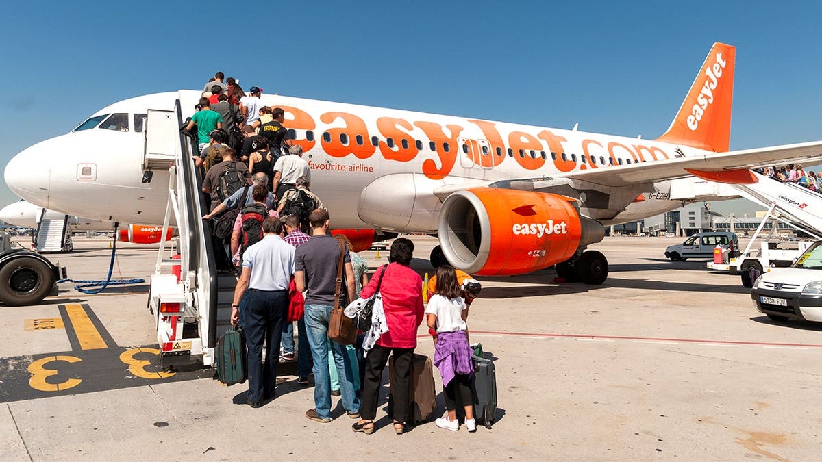 Passengers outside EasyJet plane